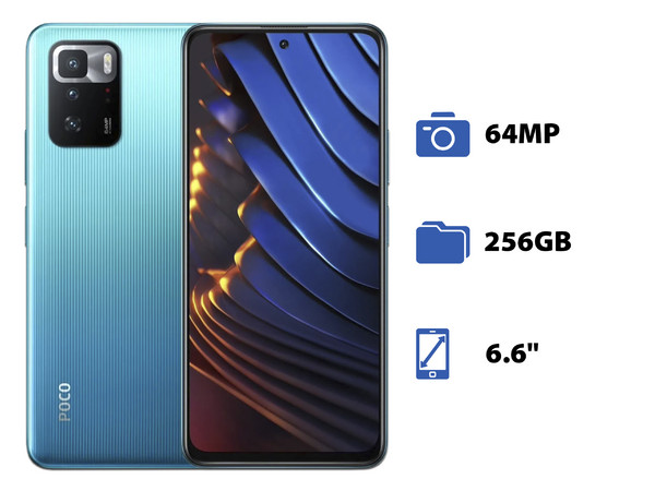 Smartphone Xiaomi POCO X3 GT:
Procesador Mediatek 1100 Octa Core (hasta 2.6 GHz),
Memoria RAM de 8GB, Almacenamiento de 256GB,
Pantalla LED Multi Touch de 6.6