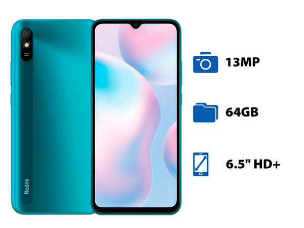 Smartphone Xiaomi Redmi 9A:
Procesador Mediatek Helio G25 (hasta 2.0 GHz),
Memoria RAM de 4GB, Almacenamiento de 64GB,
Pantalla LED Multi touch de 6.5