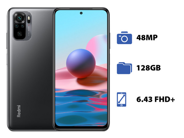 Smartphone Xiaomi Redmi Note 10:
Procesador Snapdragon 678 (hasta 2.2 GHz),
Memoria RAM de 4GB, Almacenamiento de 128GB,
Pantalla LED Multi touch de 6.43 FHD+,
Bluetooth, Wi-Fi,
Cámara Principal de 48MP,
Android 11. Color Plata.