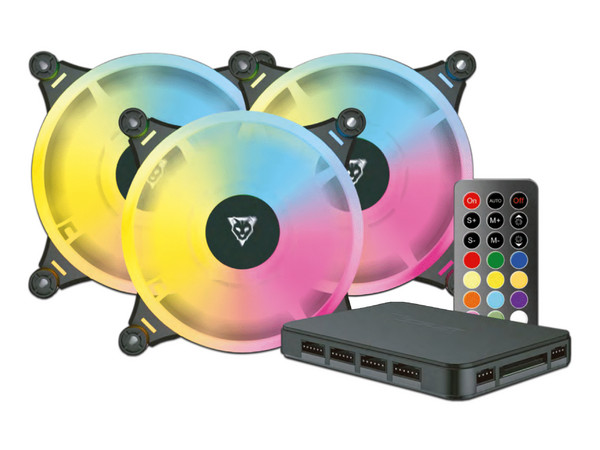 Kit de 3 Ventiladores Ocelot OFKIT-2, iluminación ARGB, 120mm, control de iluminación inalámbrico.