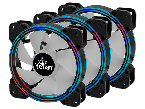 Kit de 3 ventiladores ARGB Yeyian YCF-3KFS-01, de 120mm, Incluye hub, control remoto y 2 tiras LED ARGB.