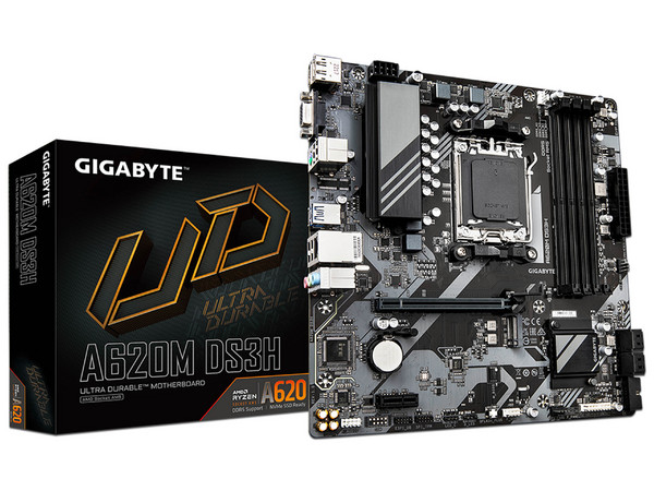T. Madre GIGABYTE A620M DS3H (rev. 1.1), Chipset AMD A620,
Soporta: Procesadores AMD Serie 9000, 8000 y 7000, Socket AM5,
Memoria: DDR5 8000(OC)/7200(OC)/4800MHz, 256GB Max,
Integrado: Audio HD, USB-C 3.2, M.2, Micro ATX,
Ptos: 1xPCIE4.0x16, 1xPCIE3.