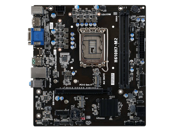 T. Madre ECS H610H7-M2, Chipset Intel H610,
Soporta: Intel 12va Generación de Socket 1700,
Memoria: DDR4 3200/2666/2133 MHz, 64GB Max,
Integrado: Audio HD, Red,
USB 3.2, SATA 3.0,
Micro-ATX, Ptos: 1xPCIEx16 y 1xPCIEx1.