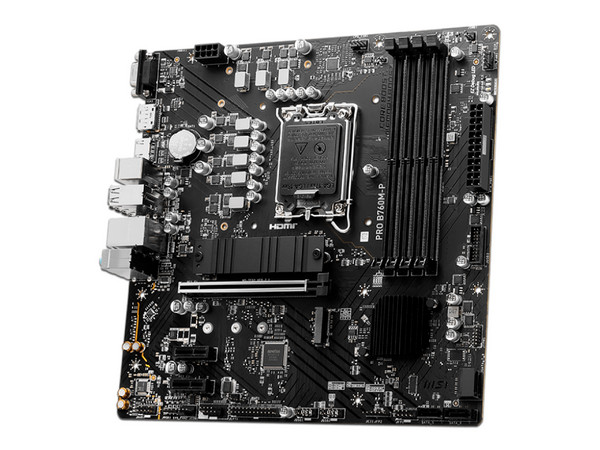T. Madre MSI PRO B760M-P, Chipset Intel B760,
Soporta: Intel 14va y 13va Generación, Socket 1700,
Memoria: DDR5 6800+(OC)/5800(OC)/4800(JEDEC)MHz, 192GB Max,
Integrado: AudioHD, Red, USB 3.2, SATA 3.0, M.2,
Micro-ATX, Ptos: 1xPCIE4.0x16, 2xPCIE4.0x1.