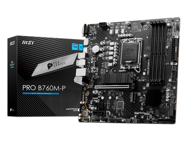 T. Madre MSI PRO B760M-P, Chipset Intel B760,
Soporta: Intel 14va y 13va Generación, Socket 1700,
Memoria: DDR5 6800+(OC)/5800(OC)/4800(JEDEC)MHz, 192GB Max,
Integrado: AudioHD, Red, USB 3.2, SATA 3.0, M.2,
Micro-ATX, Ptos: 1xPCIE4.0x16, 2xPCIE4.0x1.