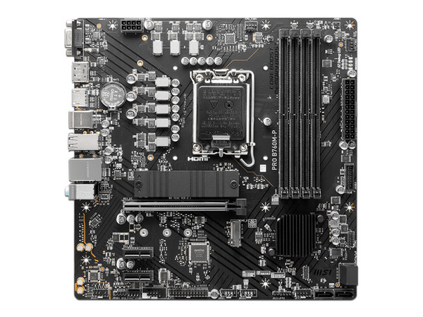 T. Madre MSI PRO B760M-P, Chipset Intel B760,
Soporta: Intel 14va y 13va Generación, Socket 1700,
Memoria: DDR5 6800+(OC)/5800(OC)/4800(JEDEC)MHz, 192GB Max,
Integrado: AudioHD, Red, USB 3.2, SATA 3.0, M.2,
Micro-ATX, Ptos: 1xPCIE4.0x16, 2xPCIE4.0x1.