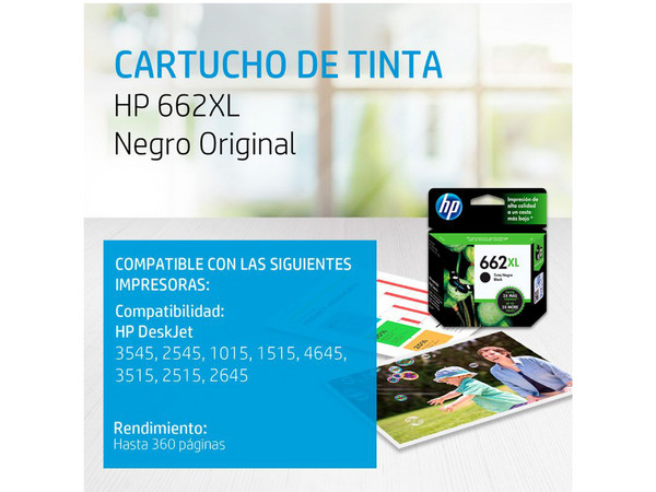 Cartucho de tinta HP 662XL negra Original (CZ105AL).