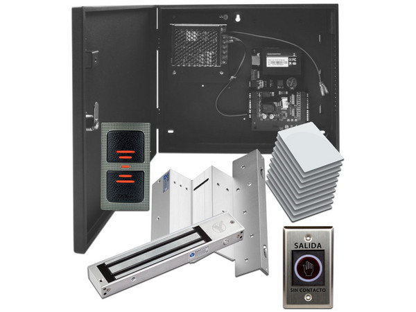 Control de Acceso Profesional ZKTECO C3100IDPACK para 1 Puerta con Lector de Tarjeta RFID, Botón de Salida sin Contacto, Contrachapa Magnética y Soporte para Contrachapa. Incluye Paquete de 10 Tarjetas.