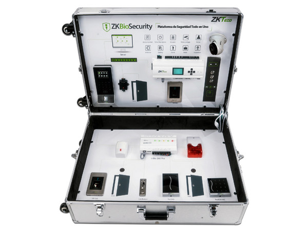 Kit de demostración ZKTeco Demo Kit, incluye Maletín de metal, Panel de acceso, Panel de elevadores, Cámara IP, Lectores de huella, Alarma, Lector RFID, y diversos productos de seguridad y control de acceso ZKTeco.