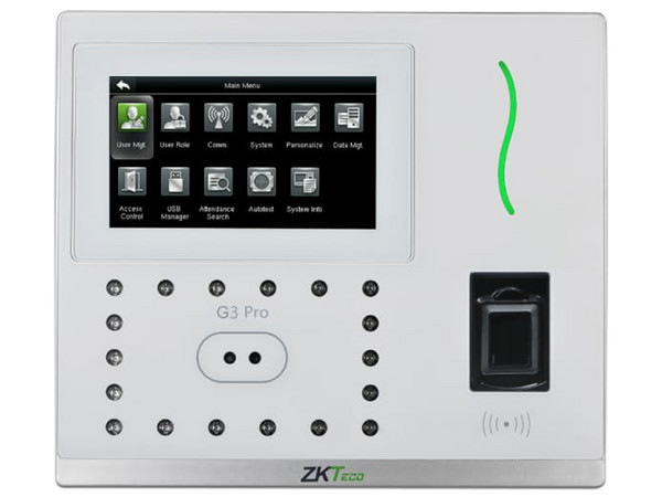 Control de Asistencia ZKTeco G3PRO - IK7, Autenticación Facial, Huella Digital y Lector de Tarjeta ID, Incluye Batería de Respaldo, Color Blanco.
