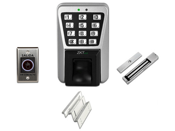 Kit de Control de acceso ZKTECO MA500PAK, Control de acceso MA500 hasta 3000 huellas, 300 tarjetas y registros y 30.000 registros, Chapa magnética con soporte de fijación ZL y Botón liberador con caja de instalación.