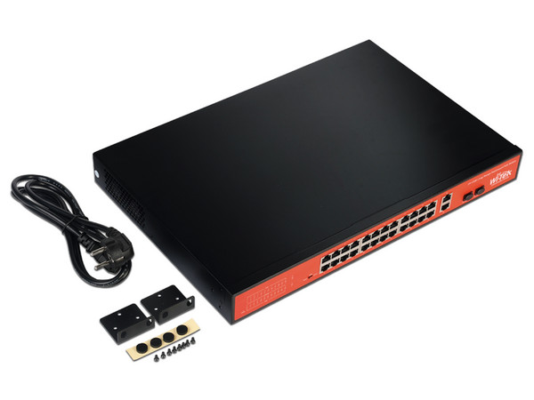 Switch No Administrable Wi-Tek WI-PS526G de 24 puertos 10/100/1000 Mbps y 2 puertos SFP, PoE. Color Negro / Naranja