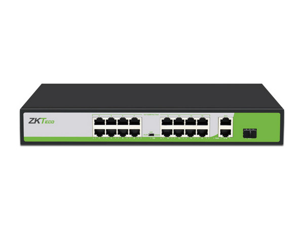 Switch ZKTECO PE162200C de 16 Puertos RJ45 10/100 Mbps con PoE, 2 Puertos 10/100/1000Mbps y 1 Puerto SFP, No Administrable.