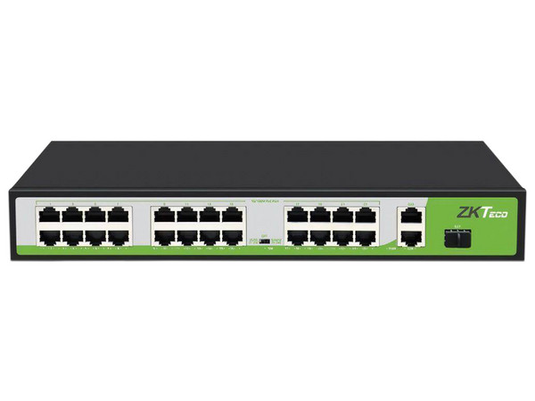 Switch ZKTeco PE242-300-C de 24 Puertos Fast Ethernet PoE, 2 puertos Gigabit Ethernet y 1 puerto SFP.