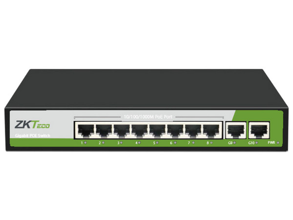 Switch ZKTeco PE082-120-G de 8 Puertos RJ45 10/100/1000 Mbps PoE AF/AT y 2 Puertos RJ45 Gigabit No Administrable. Color Negro.