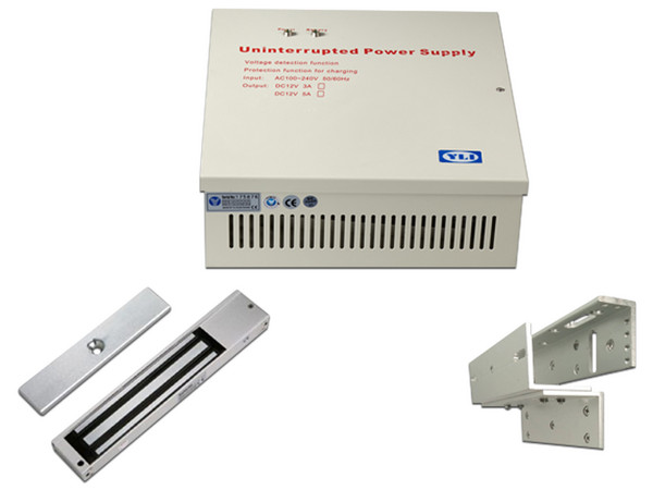 Paquete de Cerradura magnética ZKTECO LM2805YPACK de 200 kg, soporte de instalación ZL y Gabinete metálico con Fuente de poder.
