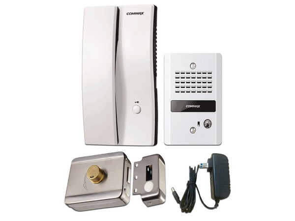 Kit Audioportero COMMAX PAQDP2SDR2G. Incluye frente de calle DR2GN, fuente de poder uFP12VDC2A y Cerradura inteligente YLI ABK703BS.