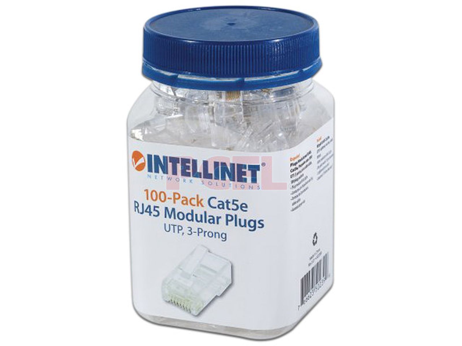 Plugs RJ-45 Intellinet, Cat 5e, bote con 100 piezas.