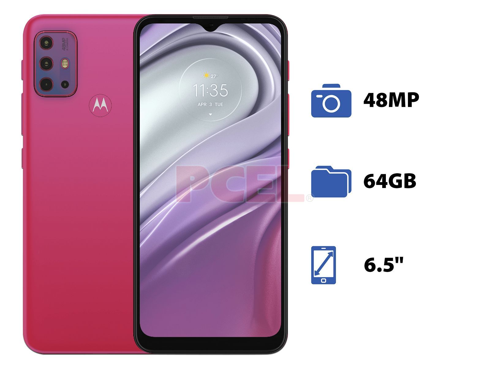 Smartphone Motorola Moto G20: Procesador UNISOC T700 (1,8 GHz), Memoria RAM  de 4GB, Almacenamiento de 64GB, Pantalla LED Multi Touch de 6.5, Bluetooth  5.1, Wi-Fi, Cámara Principal de 48MP, Android 11. Color Rosa.