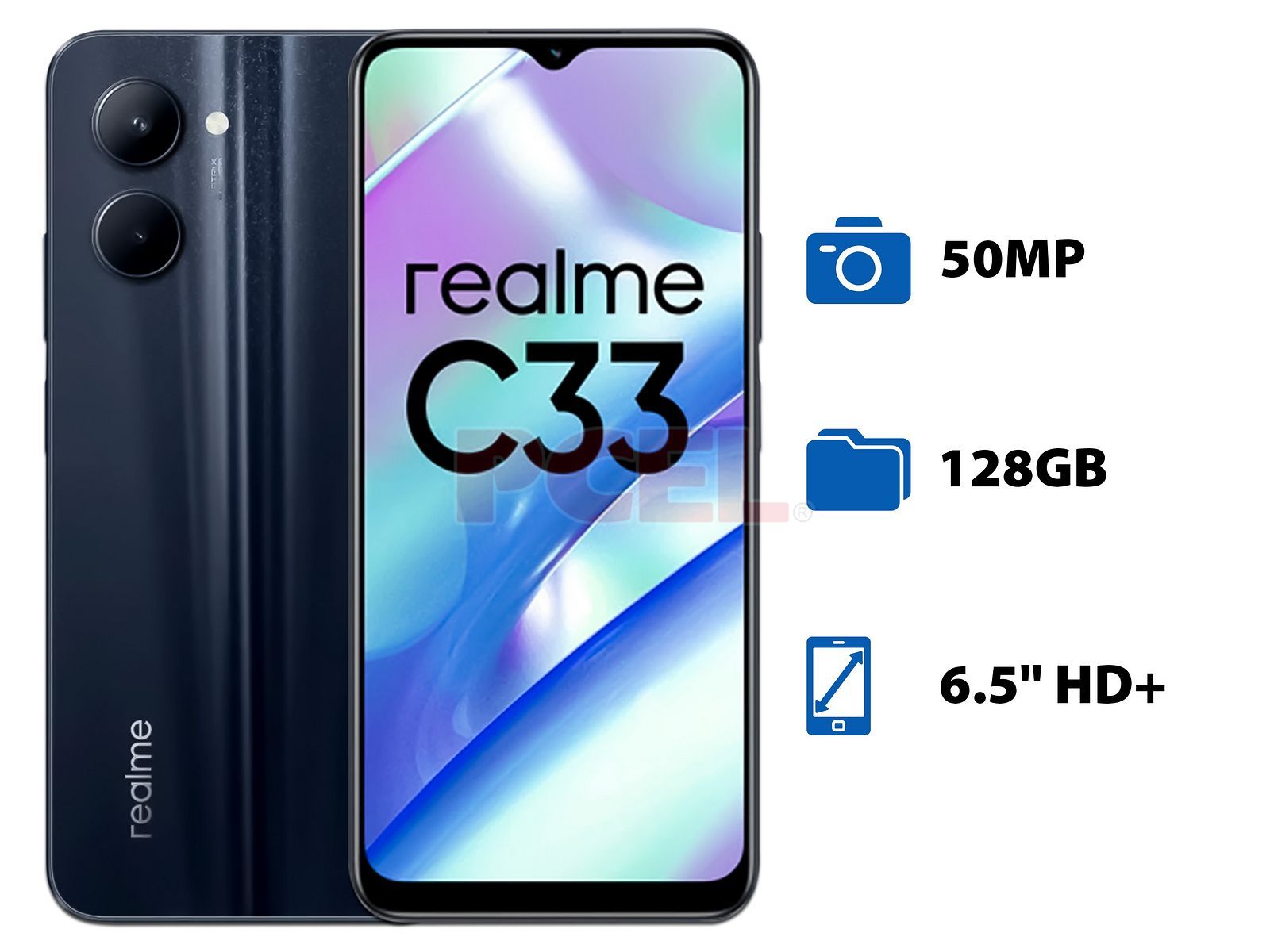 Smartphone Realme C33: Procesador Octa-Core (hasta 1.8 GHz), Memoria RAM de  4GB, Almacenamiento de 128GB, Pantalla LED Multitouch de 6.5 HD+,  Bluetooth, Wi-Fi, 4G, Cámara principal de 50MP, Android 12. Color Negro.
