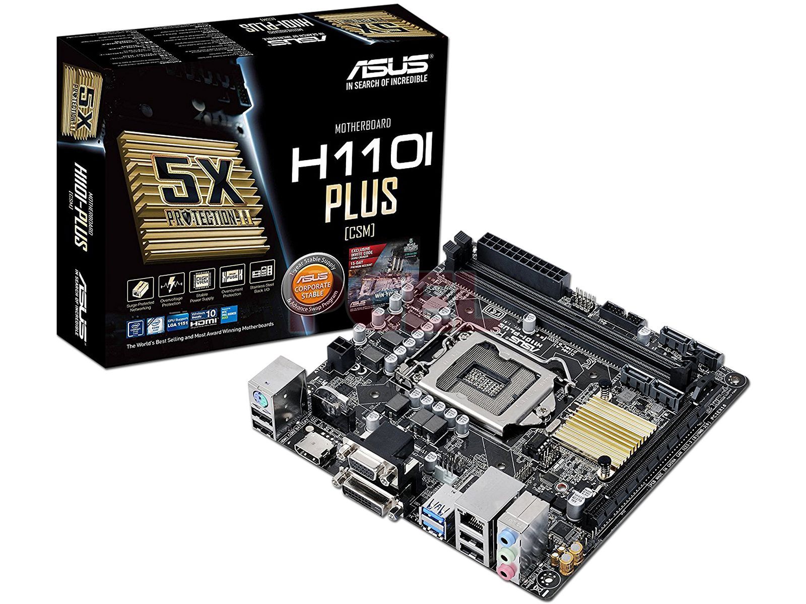 T. Madre Asus H110I-PLUS/CSM, Chipset Intel H110,Soporta: Intel Core  i7/Core i5/Core i3/Pentium y Celeron de Socket 1151,Memoria: DDR4 2133 MHz,  32GB