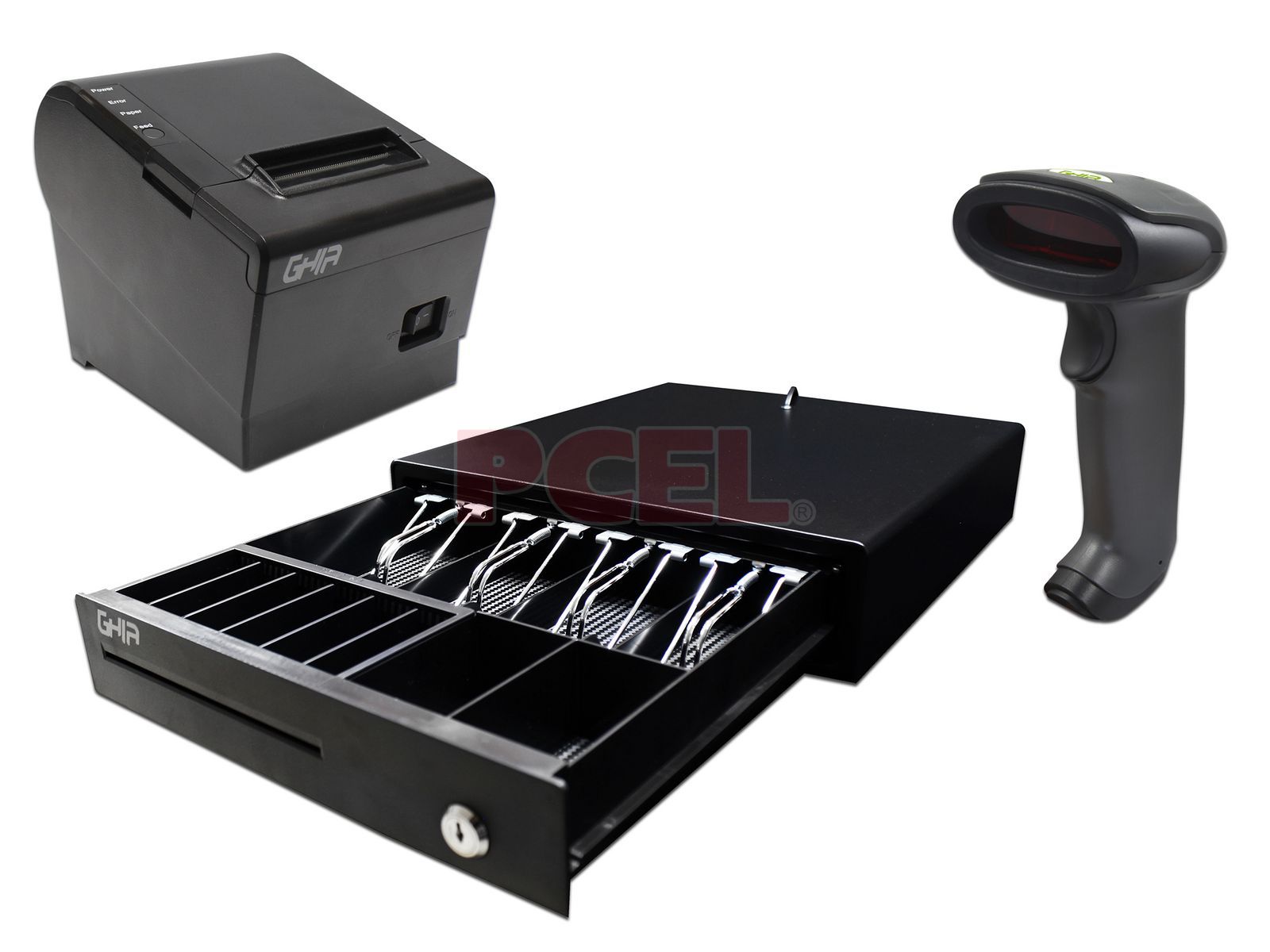 Kit Punto de Venta GHIA PAQ-560, incluye cajón de dinero, lector de código  de barras y miniprinter térmica.