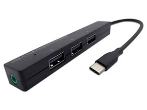 Hub concentrador USB-C Brobotix con 3 puertos USB 3.0 y 1 salida de audio digital, color negro.