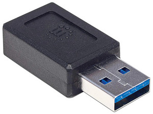 Adaptador convertidor Manhattan de USB-A (macho) a USB-C (macho). Color negro.