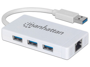Hub USB 3.0 Manhattan de 3 Puertos y 1 puerto RJ-45 (10/100/1000 mbps).