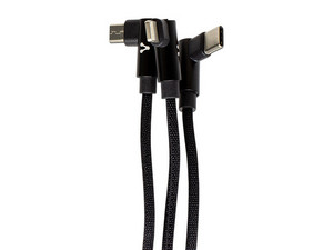 Cable a 90 grados Vorago 3 en 1 de USB a Micro USB / Lightning / USB-C (M-M), 1.3m. Color Negro.