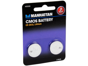 Manhattan Paquete de dos baterías 3V CMOS CR 2032. Ideal para tarjetas madre, computadoras, controles remoto y relojes.
