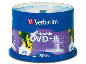 Paquete de 50 DVD+R Blanco imprimible Verbatim de 4.7 GB, 16x.