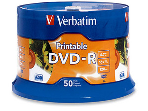 Paquete de 50 DVD-R Imprimible Verbatim 16x, 4.7GB.