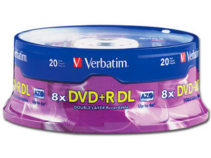 Paquete de 20 DVD+R Verbatim de 8.5GB, 2.4x, doble capa.

