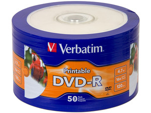 Paquete de 50 DVD-R Imprimible Verbatim 16x, 4.7GB,  Superficie Blanca.