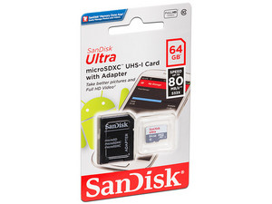 Memoria MicroSDXC UHS-I U1 Sandisk Ultra de 64GB, clase 10, incluye adaptador SD.