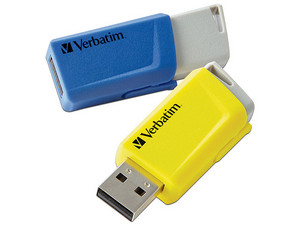 Unidad flash USB 2.0 Verbatim Click de 16GB. Color Azul y Amarillo (Kit con 2 piezas).