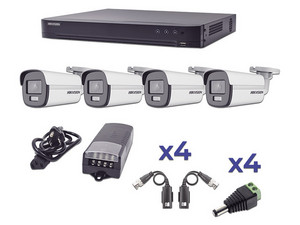 Kit de Videovigilancia Hikvision ColorVu KH1080P4BC, Incluye DVR 4 Canales, 4 Cámaras Bala (exterior) lente 2.8mm, Fuente de poder profesional, Transceptores de video y Accesorios de corriente.