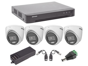 Kit de Videovigilancia Hikvision KH1080P4EC con DVR de 4 Canales, 4 Cámaras Tipo Domo 1080p, Transceptores de Video y Accesorios de Corriente.