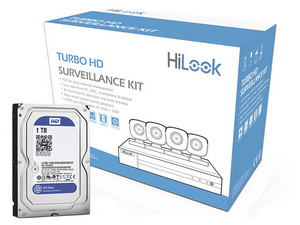 Kit Hilook TURBO HD, DVR Pentahibrido de 4 Canales, 2 MP, H.264+. Incluye 4 Cámaras tipo bala THC-B120-MC, 1 Disco duro de 1 TB, con Accesorios Incluidos.