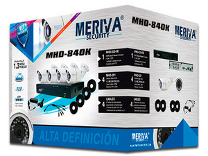 Kit de seguridad MERIVA con DVR MHD-830-08 y 4 cámaras tipo bullet MHD-201, no incluye disco duro.