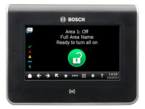Teclado para panel de alarma Bosch B942 con iluminación LED, pantalla táctil, audio integrado, SDI2. Color Negro.