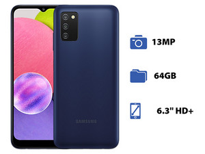 Smartphone Samsung Galaxy A03S: 
Procesador Mediatek Helio P35 (hasta 2.3 GHz),
Memoria RAM de 4GB, Almacenamiento de 64GB, 
Pantalla LED Multi Touch de 6.3