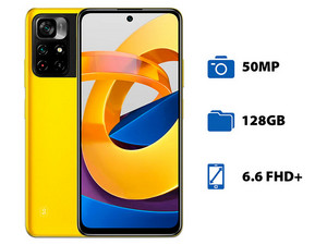 Smartphone Xiaomi Poco M4 Pro 5G: 
Procesador MediaTek Dimensity 810 (hasta 2.4GHz),
Memoria RAM de 6GB, Almacenamiento de 128GB, 
Pantalla LED Multi Touch de 6.6 FHD+, 
Bluetooth 5.0, Wi-Fi,
Cámara Principal de 50MP, 
Android 11. Color Amarillo.
