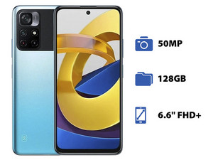 Smartphone Xiaomi Poco M4 Pro 5G: 
Procesador MediaTek Dimensity 810 ( hasta 2.4GHz),
Memoria RAM de 6GB, Almacenamiento de 128GB, 
Pantalla LED Multi Touch de 6.6 FHD+, 
Bluetooth 5.0, Wi-Fi,
Cámara Principal de 50MP, 
Android 11. Color Azul.