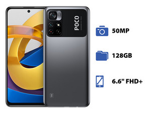 Smartphone Xiaomi Poco M4 Pro: 
Procesador MediaTek Dimensity 810 ( hasta 2.4GHz),
Memoria RAM de 6GB, Almacenamiento de 128GB, 
Pantalla LED Multi Touch de 6.6 FHD+, 
Bluetooth 5.0, Wi-Fi,
Cámara Principal de 50MP, 
Android 11. Color Negro.