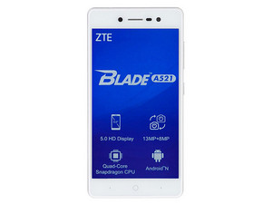 Smartphone ZTE Blade A521:
Procesador Snapdragon 210 Quad Core (1.1 GHz),
Memoria RAM de 1GB, Almacenamiento de 8GB
(expandible con microSD),
Pantalla de 5