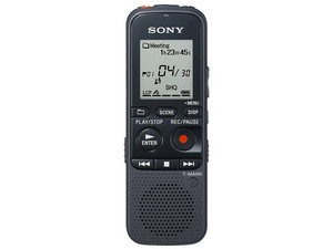 Grabadora de voz digital Sony ICD-PX333D con almacenamiento de 4GB y reproducción de MP3.