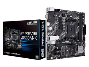 Asus PRIME A520M-K Motherboard, AMD A520 Chipset, Supports: AMD Ryzen 3rd Gen Processor, Memory: DDR4 4600(OC)/3866(OC)/2133 MHz, 64GB Max, Integrated: HD Audio, Network, USB 3.0, SATA 3.0, Micro-ATX, Points: PCIE 3.0 x16, PCIE 3.0 x1