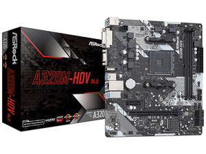 T. ASRock A320M-HDV R4.1 Motherboard, AMD A320 ChipSet, Supports: AMD Ryzen / Socket AM4 A-Series APUs, Memory: DDR4 3200/ 2667/ 2133MHz, 32GB Max, Integrated: HD Audio, Network, USB 3.2 and SATA 3.0, Micro-ATX, Pts: 1xPCIE2.0x1, 1xPCIE3.0x16.